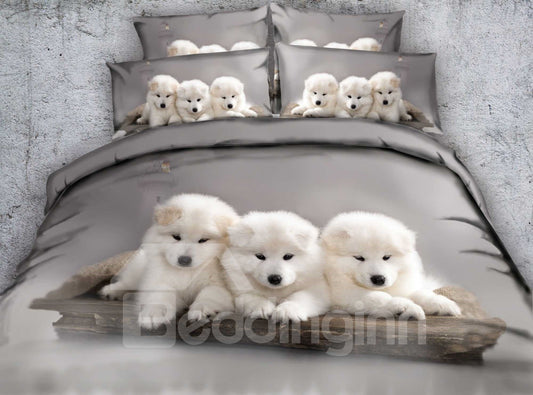 White Puppies and Lighthouse Printed Polyester 4-Piece 3D Bedding Sets/Duvet Covers