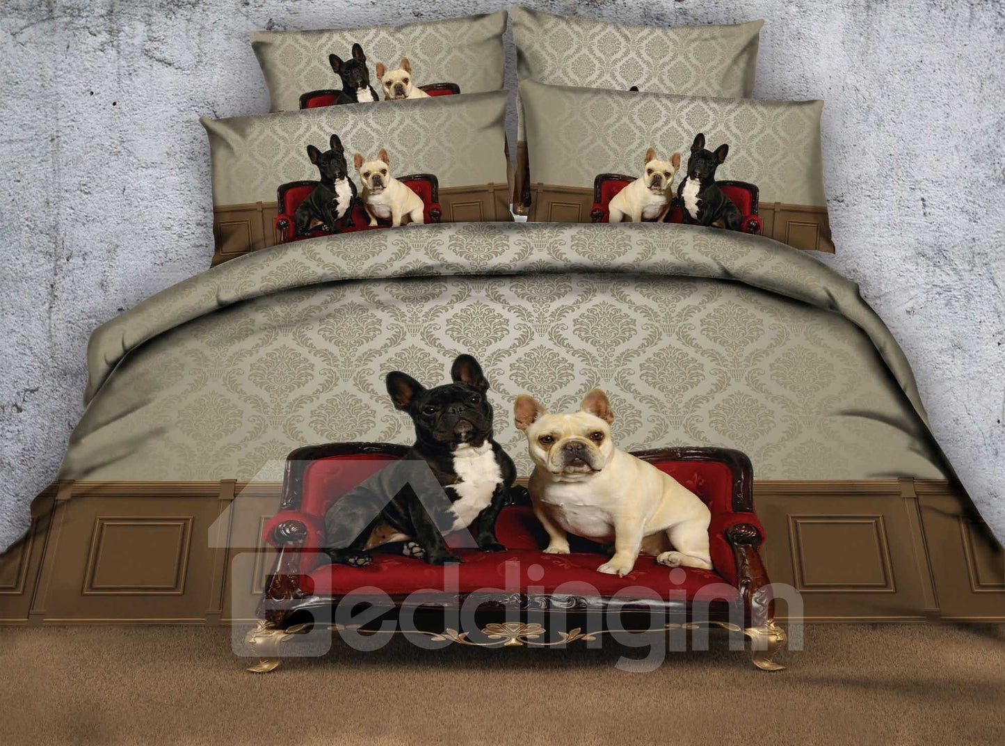 3D-Bulldoggen sitzen auf einem Sofa, bedruckte 4-teilige Bettwäsche-Sets/Bettbezüge