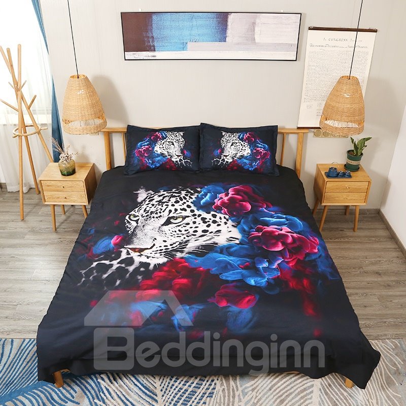 Leopard and Floral Printed Polyester 3D 4-Piece Black Bedding Sets/Duvet Covers