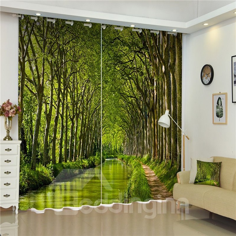 Cortinas de dormitorio con paisaje maravilloso de poliéster grueso con estampado de árboles imponentes verdes y camino pequeño en 3D