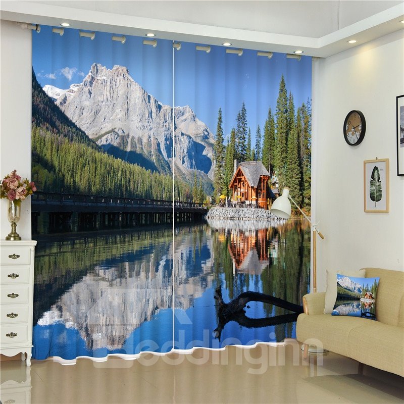 3D-Vorhang mit Bergen und Flüssen und Brücke, bedruckt mit wundervoller Landschaft, dekorativer und schattiger Vorhang