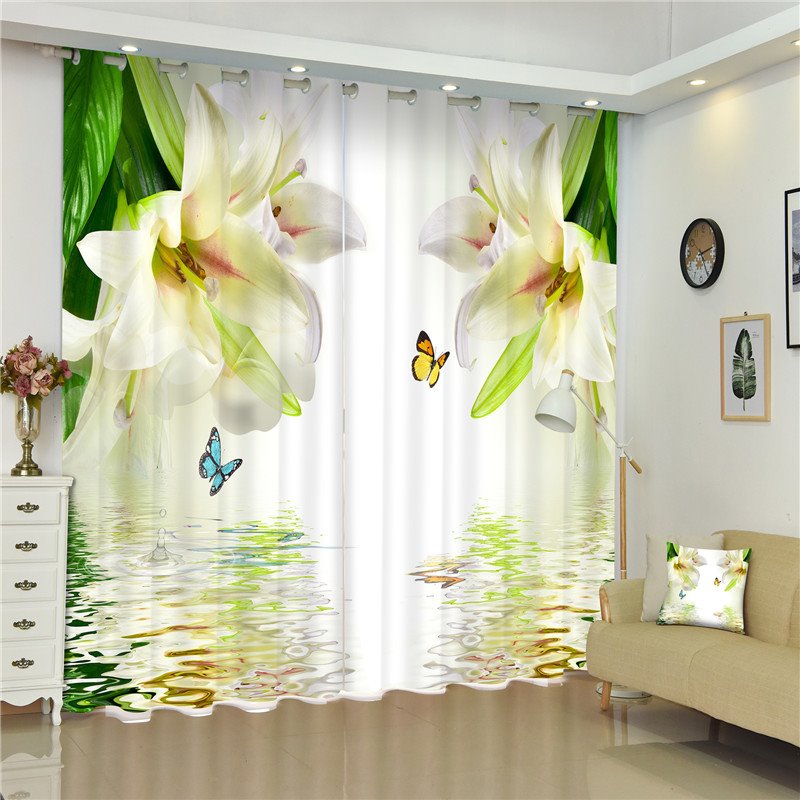 Cortina de dormitorio y sala de estar 3D de estilo elegante y pastoral con flores de lirio beige