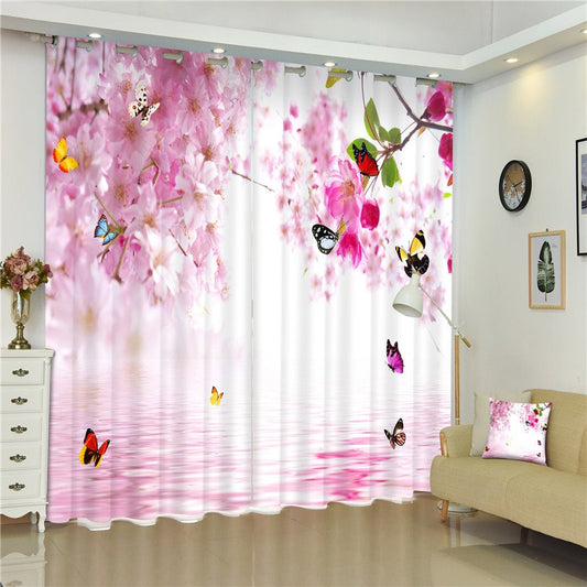 Fliegende Schmetterlinge und rosa Pfirsichblüten, süßer 3D-Vorhang für Wohnzimmer und Schlafzimmer