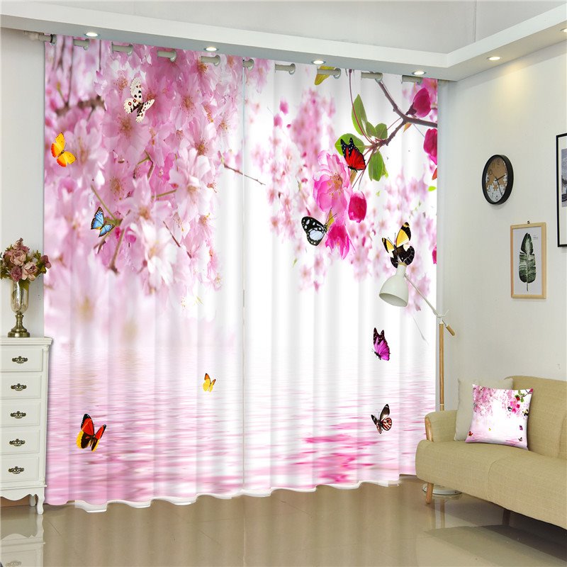 Flying Butterflies and Pink Peach Flowers Sweet Style Living Room and Bed Room 3D Curtain