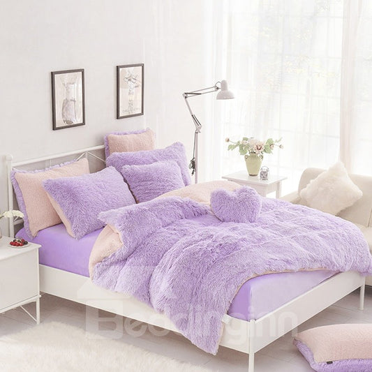 Juegos de cama / funda nórdica mullidos de 4 piezas con bloques de color morado y rosa sólido