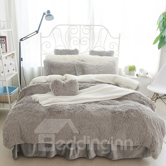 Fluffy Solid Gray and White Color Blocking 4-Bedding Sets/Duvet Cover