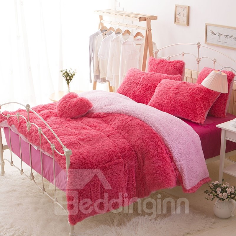 Einfarbiges, farbblockierendes, superflauschiges 4-teiliges Bettwäsche-Set/Bettbezug in Rot und Rosa