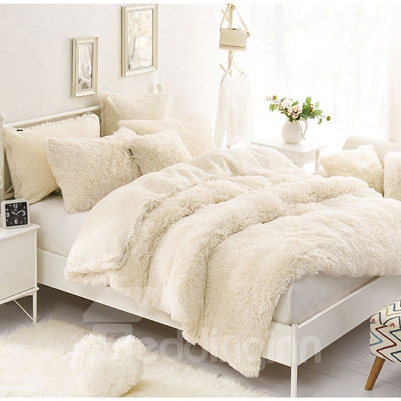 Una almohada blanca gratis, juegos de cama/funda nórdica mullidos de 4 piezas, suaves, de color blanco cremoso sólido