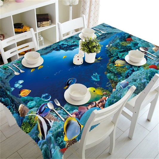 3D-Tischdecke mit goldenen Fischen und Korallen, bedruckt „Happy Undersea World“ für Partys und Zuhause