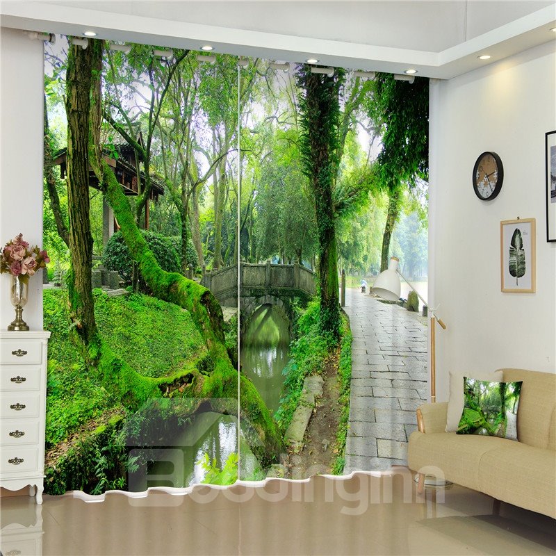 3D-Raumvorhang aus dickem Polyester mit grünen Bäumen und kleinen Schieferstraßen-Motiven, 2-teilig