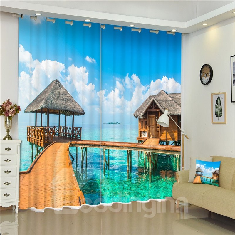 Wooden Bridge and Blue Sea Thick Polyester 3D Blackout and Water-Proof Room Curtain