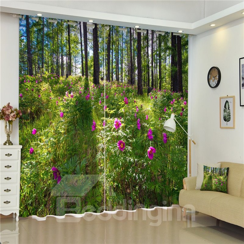 Hellviolette Pfingstrosenblüten mit Sonnenlicht, natürliche Schönheit, 3D-Vorhang für Schlafzimmer und Wohnzimmer