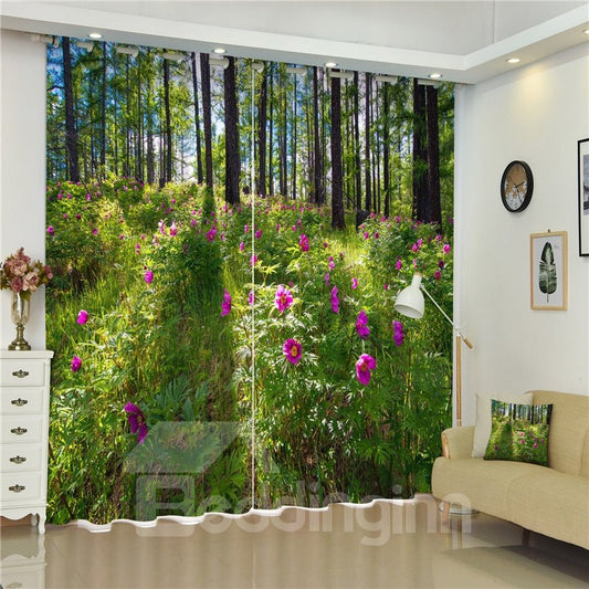 Flores de peonía de color púrpura brillante con luz solar, belleza natural, cortina 3D para dormitorio y sala de estar