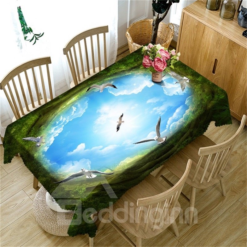 Brave Geese Flying to Blue Sky 3D Oil-Proof and Water-Proof Party and Home Table Cloth Cover