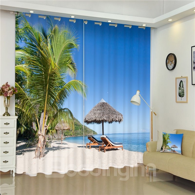 Cortina 3D con palmeras verdes y playa blanca, maravilloso paisaje de playa, dormitorio