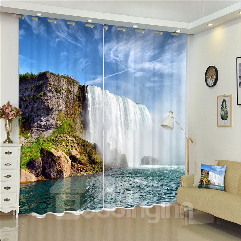 Cortina de sala de estar de alta calidad con estampado de cascada magnífica y río profundo en 3D