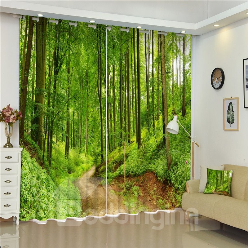 Dicker grüner Wald und geschwungene Straße, natürliche Schönheit, dekorativer und schattierender 3D-Vorhang