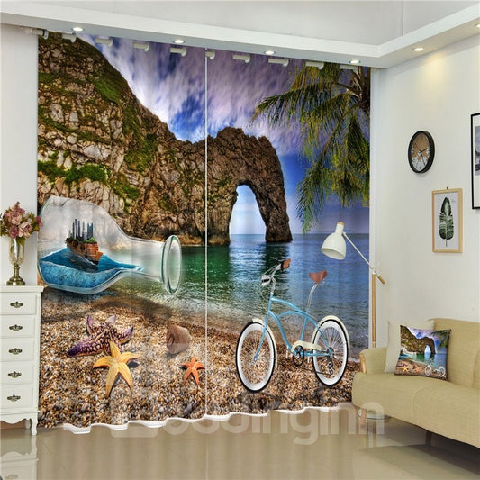 3D Starfishes Bicycle and Drift bottle with White Beach and Elephant Mountain Printed Shading Curtain