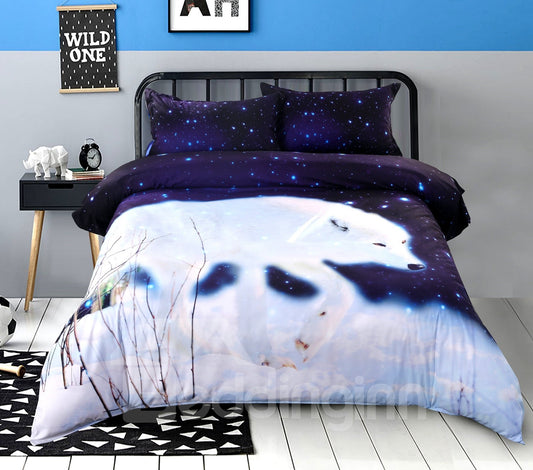 Vivilinen 3D White Wolf Walking in Snow Printed 4-Piece Bedding Sets/Duvet Covers