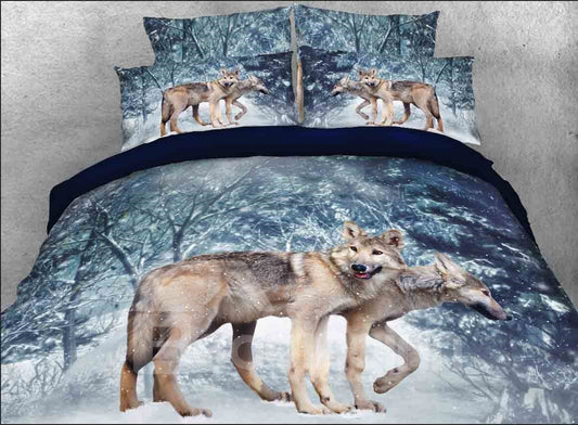 Lobo 3D en el bosque de invierno Impreso Juegos de cama de 4 piezas / Fundas nórdicas de microfibra 
