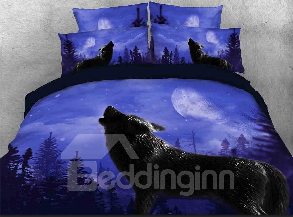 Heulender Wolf, bedrucktes 3D-4-teiliges Bettwäsche-Set mit Tiermotiv, Blau 