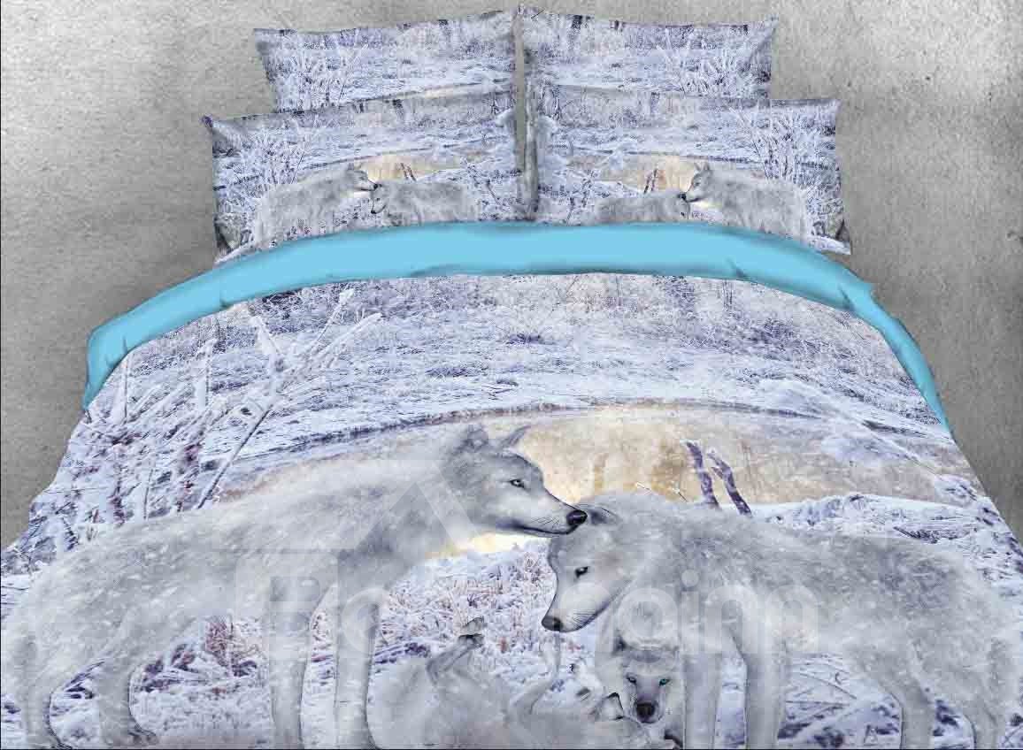 3D Snow Wolf Family Printed 4-Piece Duvet Cover Set Animal Print Bedding Set