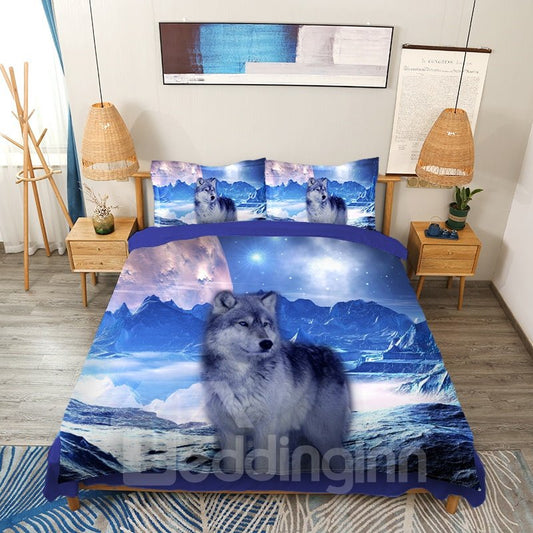 Mountain Wolf Bedruckte 3D-4-teilige Bettwäsche-Sets/Bettbezüge Blau 