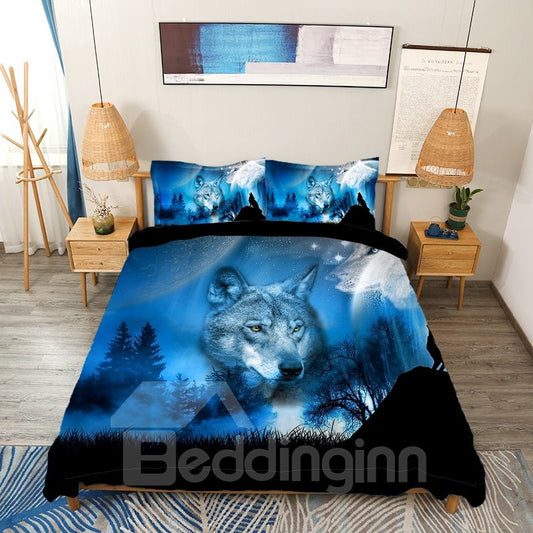 Juego de funda nórdica de animales 3D de 4 piezas con estampado de lobo salvaje y paisaje natural, ropa de cama azul 