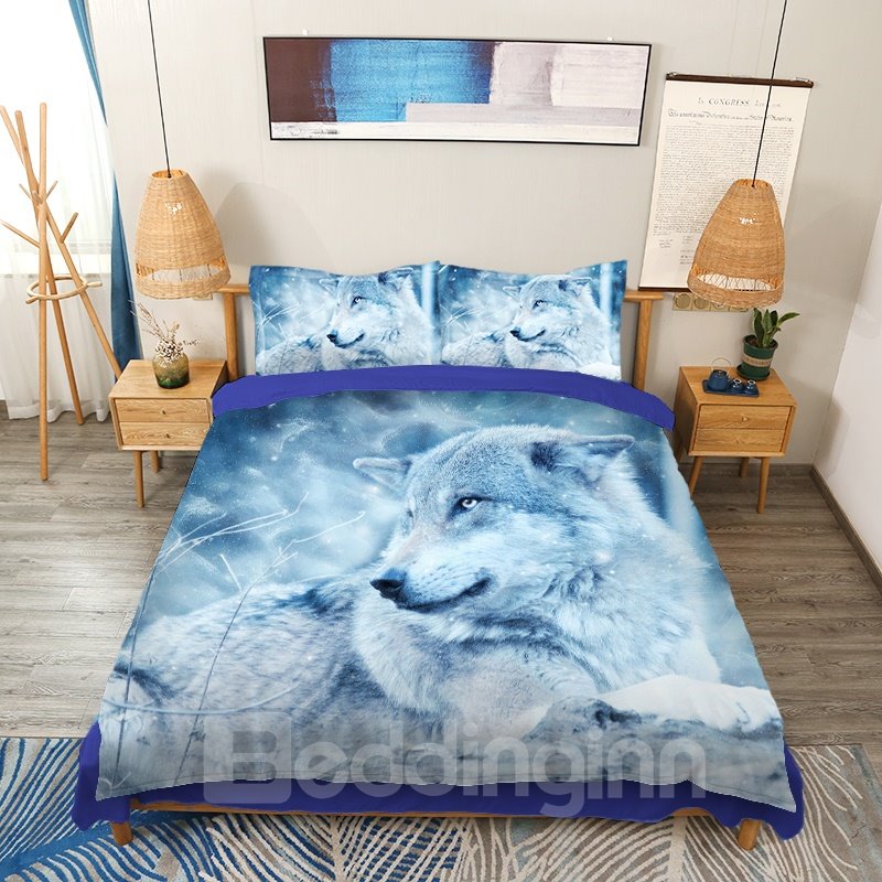 Wolf in the Wild Printed 4-Piece 3D Animal Bedding Sets/Duvet Covers Blue
