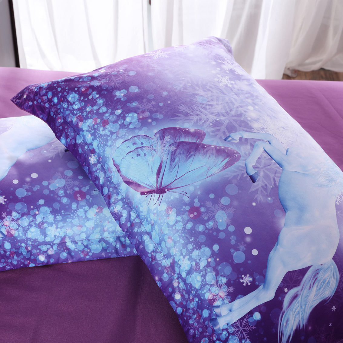 Juego de funda nórdica con estampado de animales en 3D de unicornio púrpura, juego de cama de 4 piezas, ropa de cama suave y ligera con cremallera de microfibra