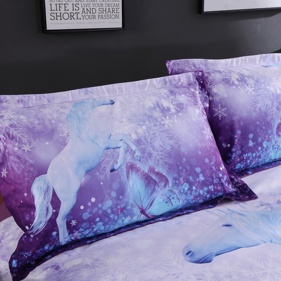 Purple Bedding Set, Jumping Unicorn Printed Purple 4-Piece Duvet Cover Set