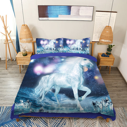 Unicornio blanco y luces brillantes, juegos de cama/fundas nórdicas impresas en 3D de 4 piezas, microfibra azul