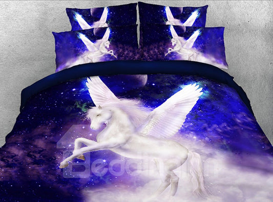 White Unicorn with Wings Printed 4-Piece 3D Bedding Sets/Duvet Covers Microfiber Purple