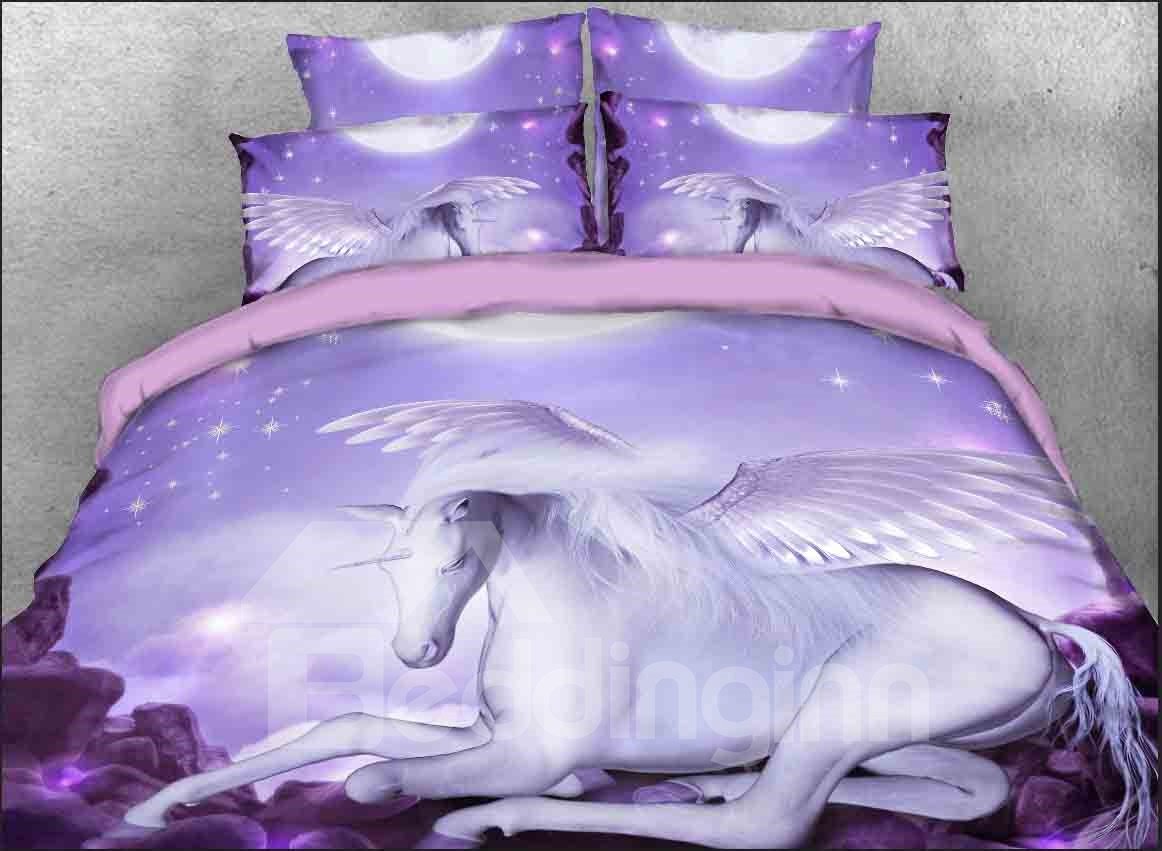 Juego de funda nórdica/juego de cama de 4 piezas de unicornio blanco, color morado, funda de edredón duradera con lazos antideslizantes, microfibra resistente a las arrugas y la decoloración 