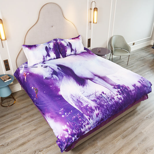 Purple Unicorn Duvet Cover Set, King Size, 4-Piece Bedding Set of Duvet Cover Flat Sheet Pillowcases