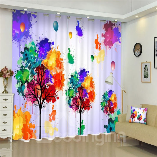 Wohnzimmer-Fenstervorhang mit 3D-Aufdruck „Abstrakte, leuchtend farbige Bäume und Ballons“.