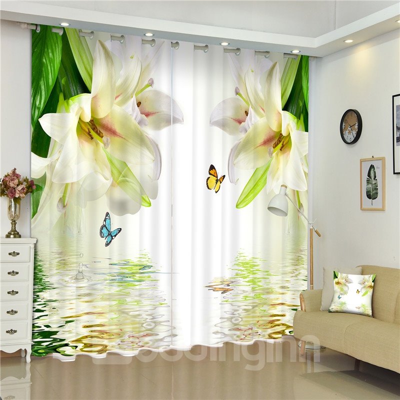 3D Beige Lily Blossoms and Beautiful Butterflies Printed Thick Polyester 2 Pieces Bedroom Curtain