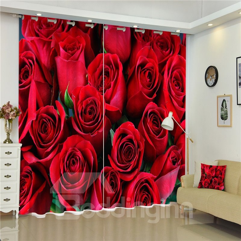 Cortina de dormitorio de 2 piezas con estampado de rosas rojas frescas, estilo moderno y romántico