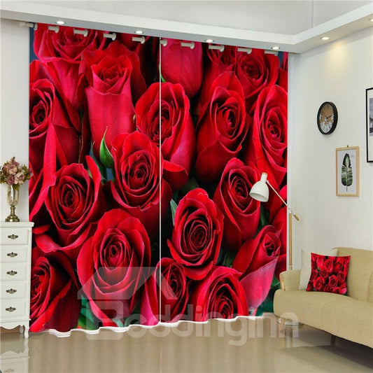 2-teiliger Schlafzimmervorhang, bedruckt mit frischen roten Rosen, moderner und romantischer Stil