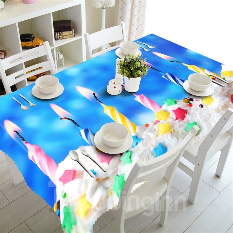 3D Stars Cakes and Wishing Candles Printed Thick Polyester Table Cloth