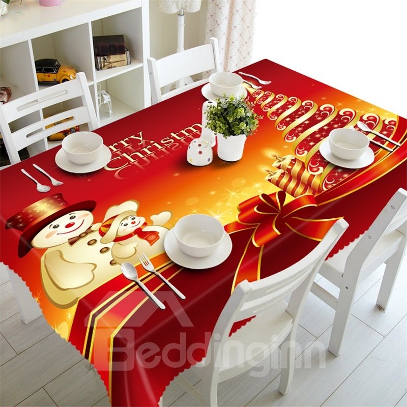 3D Lovely Snowmen and Christmas Gift Printed Red Background Table Runner Cover