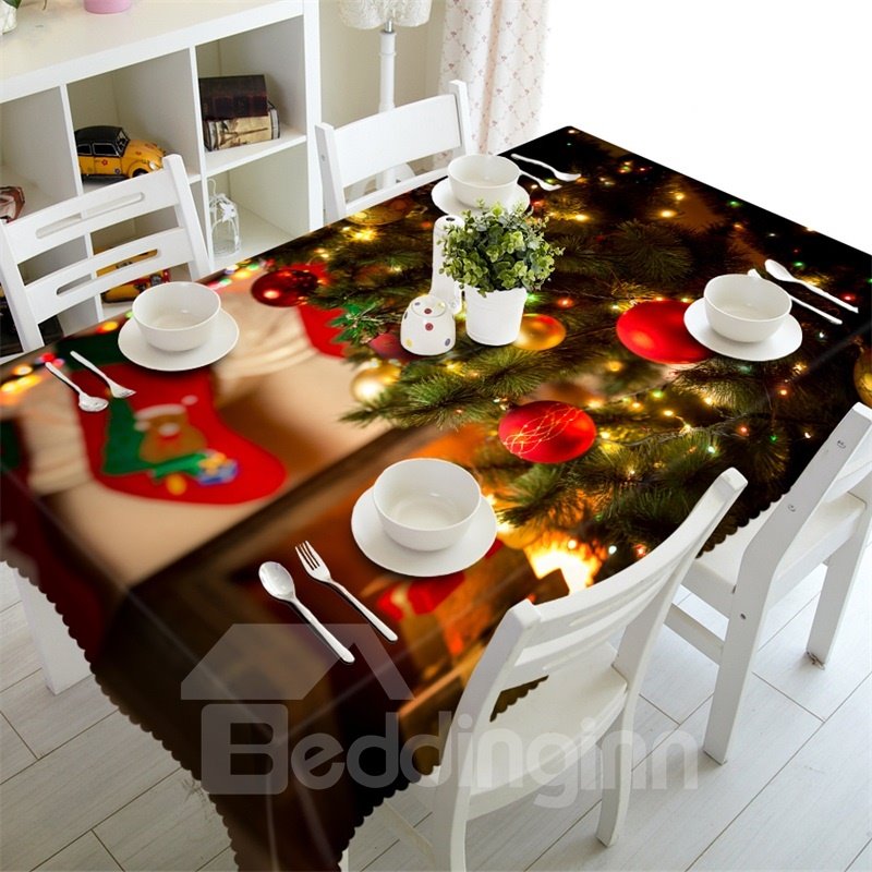 3D Christmas Tree with Beautiful Shining Lamps Printed Home Decorative Table Cover