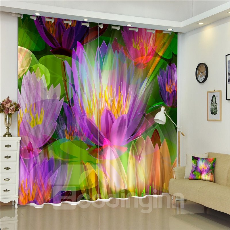 Cortina de 2 paneles impresa en color de ensueño de loto colorido en 3D para sala de estar y dormitorio