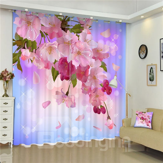 Rosa Pfirsichblüten mit grünen Blättern, romantischer lila 3D-Vorhang für Schlafzimmer und Wohnzimmer