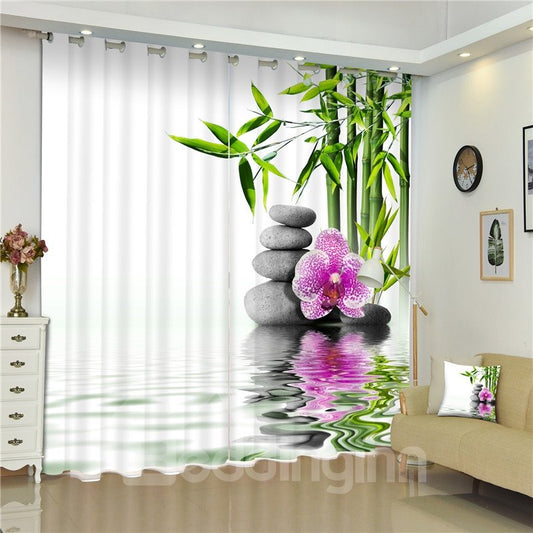 3D Stone Flowers and Green Bamboos Printed 2 Pieces Custom Curtain for Living Room