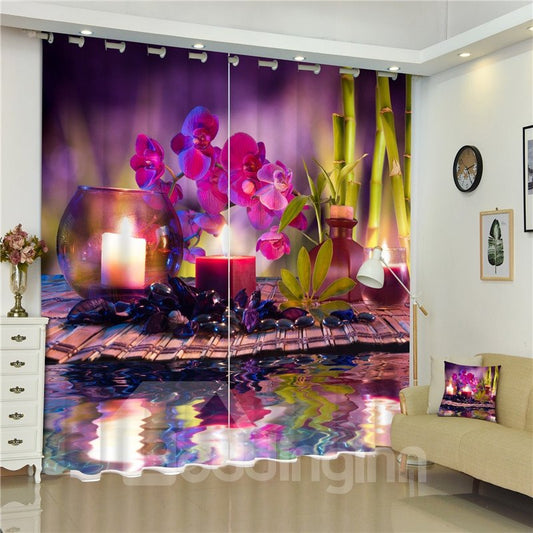 Cortina de ventana decorativa personalizada con paisaje encantador con luz de vela y iris púrpura romántico