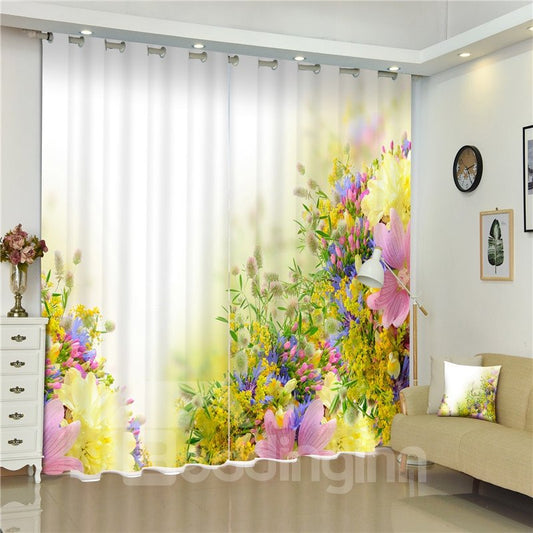 3D Golden Flowers and Pink Rose with Beige Background Printed Elegant Style Custom Room Curtain