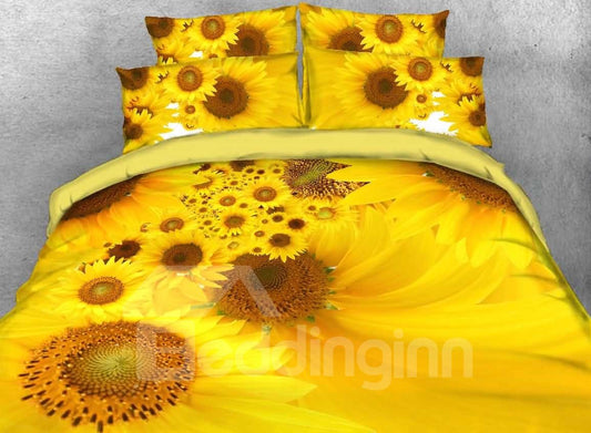 Gelbe Sonnenblume bedrucktes 3D-4-teiliges Blumen-Bettwäsche-Set/Bettbezug-Set 