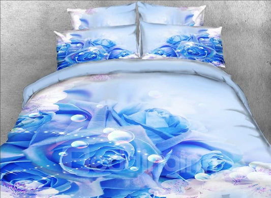 Blaue Rosen und Blasen bedrucktes 4-teiliges 3D-Blumen-Bettwäsche-Set/Bettbezug-Set aus Mikrofaser 