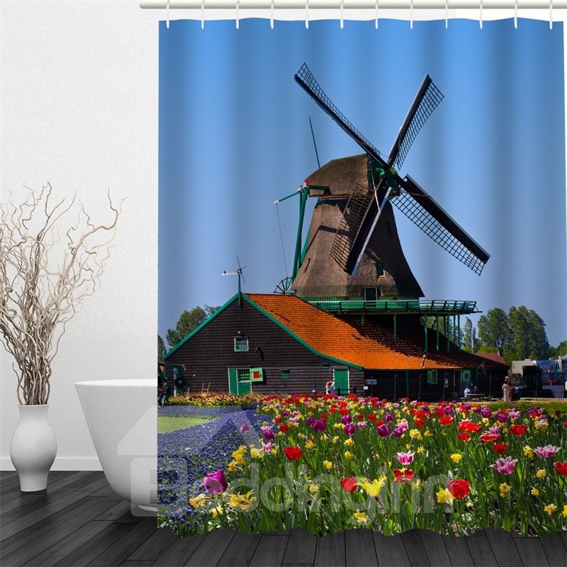 Windmill and Plants Pattern Polyester Waterproof and Eco-friendly 3D Shower Curtain